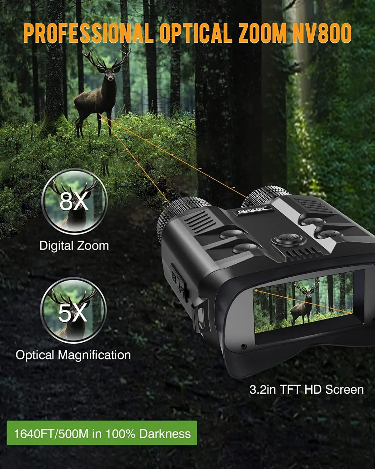 Night Vision Binoculars 1080P 5X Optical Full Dark  Video Recording