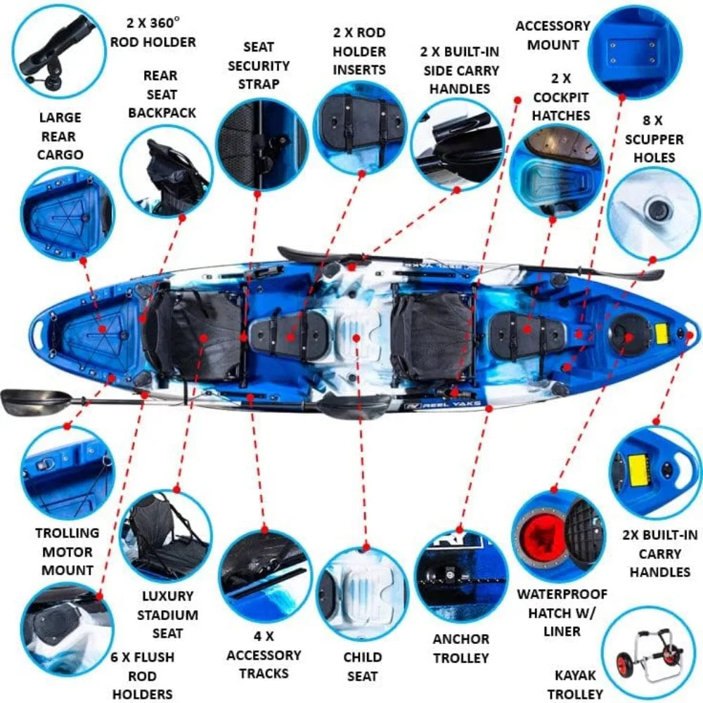 Tandem Fishing Angler Kayak | 2 or 3 Person | 12.5’ sit on top | 550lbs Capacity w/Kayak Trolley, Adult Youths Kids Family