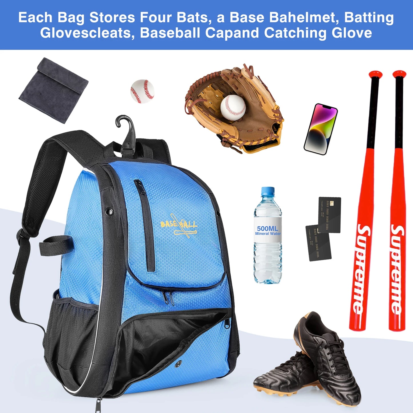 Baseball Bag Softball Bag Waterproof Backpack Bag Shoulder Sport Bag Youth Boy Girl Adult Fence Hook Ball Bat Batting Glove Gear