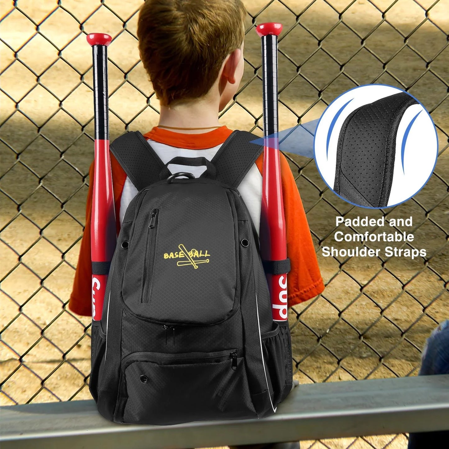 Baseball Bag Softball Bag Waterproof Backpack Bag Shoulder Sport Bag Youth Boy Girl Adult Fence Hook Ball Bat Batting Glove Gear