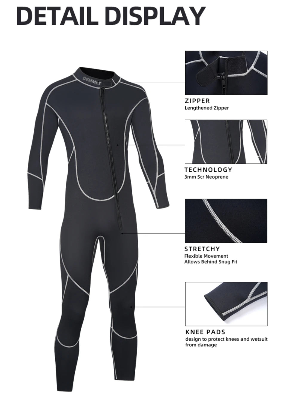 DEMMET Men's Wetsuit 3mm Neoprene Wet Suits in Cold Water Full Body for Diving Snorkeling Surfing Swimming Canoeing Front Zipper