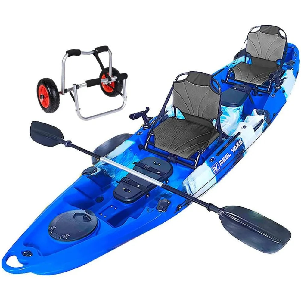 Tandem Fishing Angler Kayak | 2 or 3 Person | 12.5’ sit on top | 550lbs Capacity w/Kayak Trolley, Adult Youths Kids Family