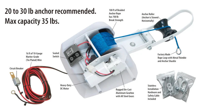 Boat Anchor Winch 12V Windlass with Remote Control for 35lbs Anchor Saltwater