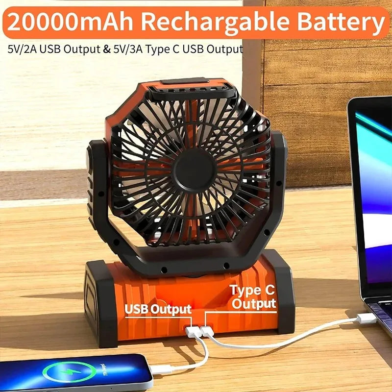 Portable Fan Battery Operated Rechargeable Camping Desk Fan Hanging with LED Light