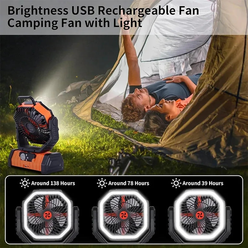 Portable Fan Battery Operated Rechargeable Camping Desk Fan Hanging with LED Light