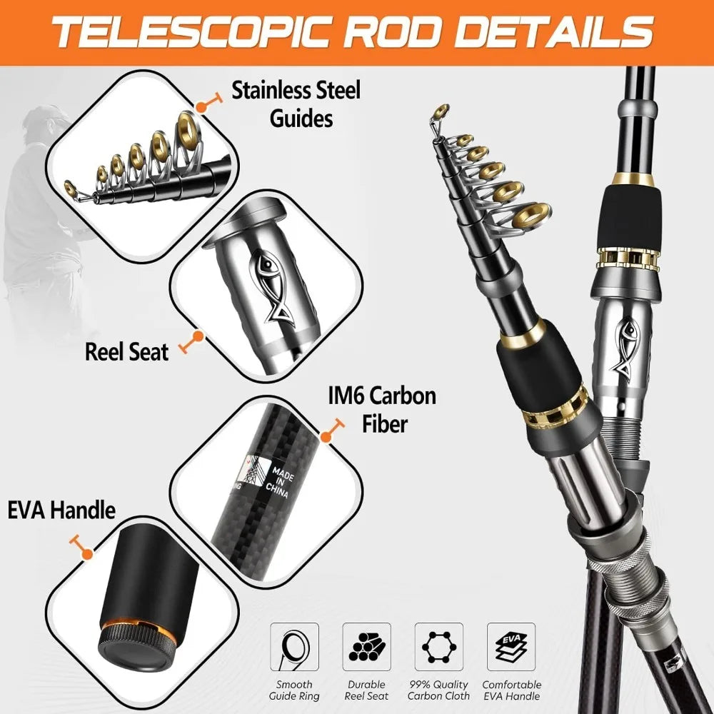 Telescopic Fishing Rod and Reel Combos Kit, 2PACK Carrier Case Carbon Fiber