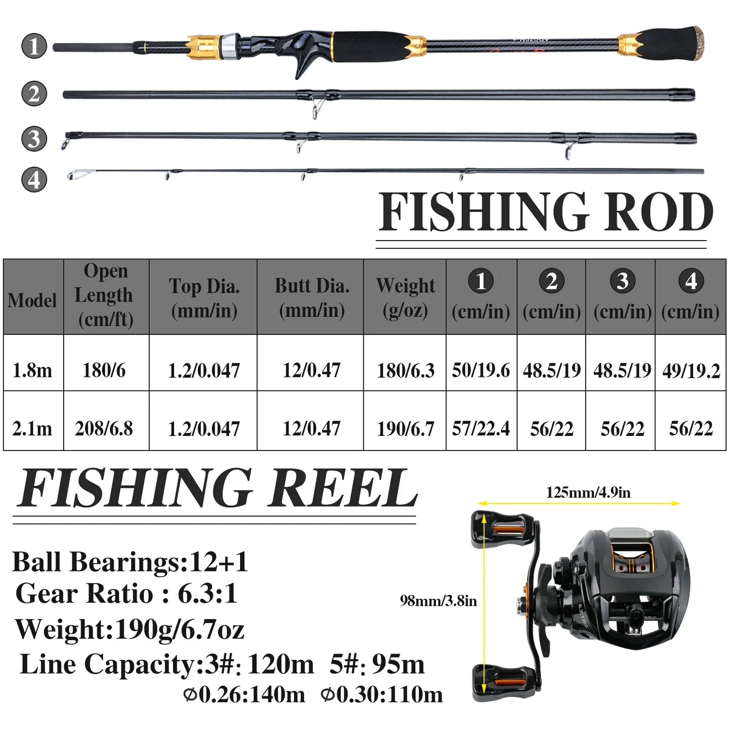 Baitcasting Rod Full Kit 4 Section Carbon Fishing Line Lures