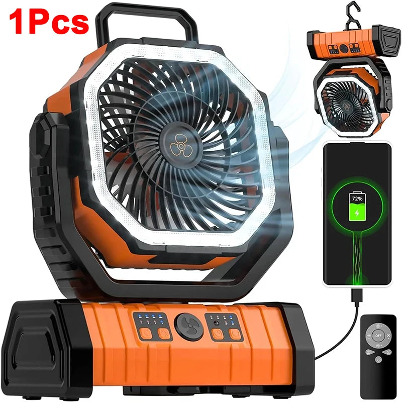 Portable Fan Battery Operated Rechargeable Camping Desk Fan Hanging with LED Light