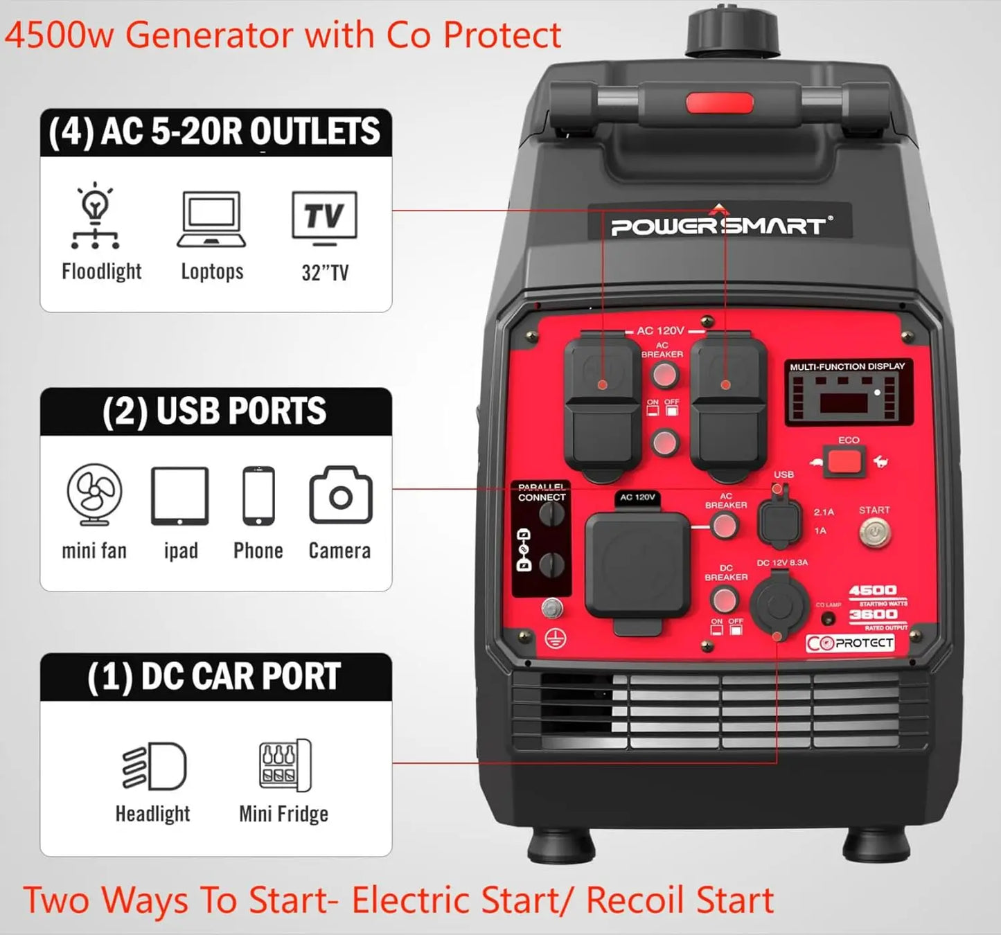 Super Quiet Portable Inverter Generator with CO Sensor Electric Start Gas Powered